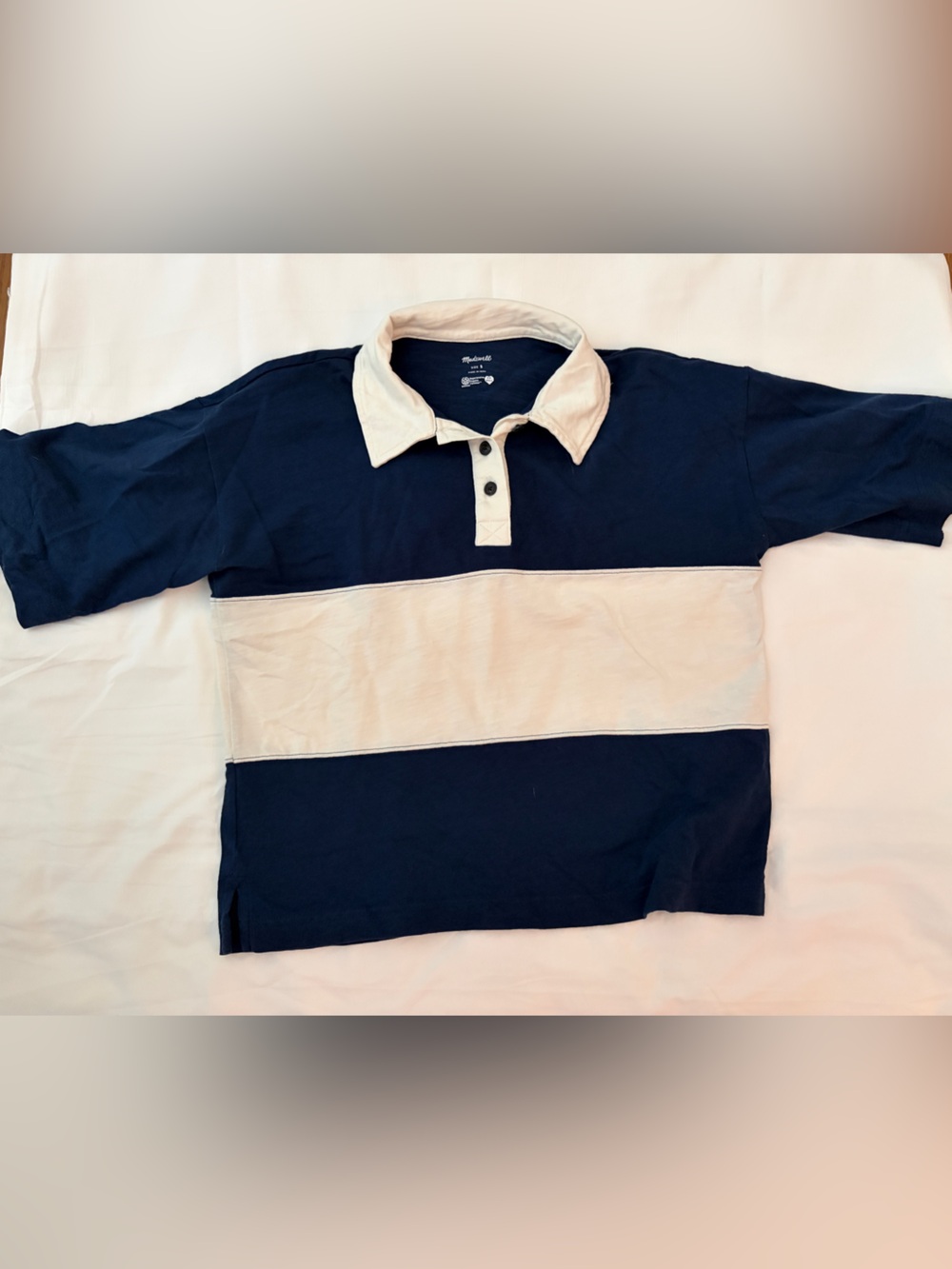 Madewell Navy and Cream Striped Rugby Polo